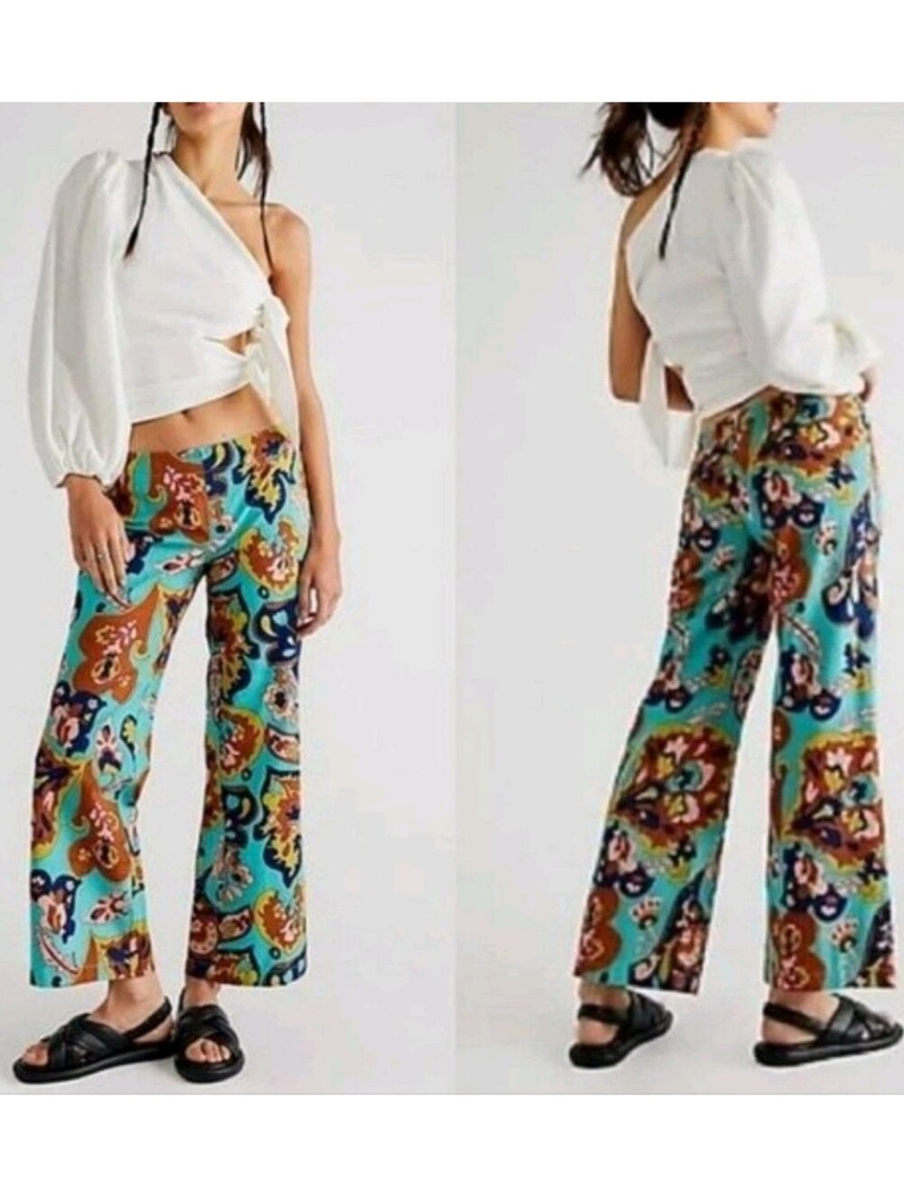 Free People Down And Out Teal Floral Paisley Retro-Inspired Flare Pants Size 14